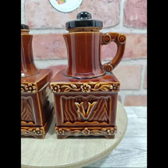 Vintage Brown Glaze Unique Oil And Vinegar Dispensers With Stoppers From Japan - Picture 3 of 10